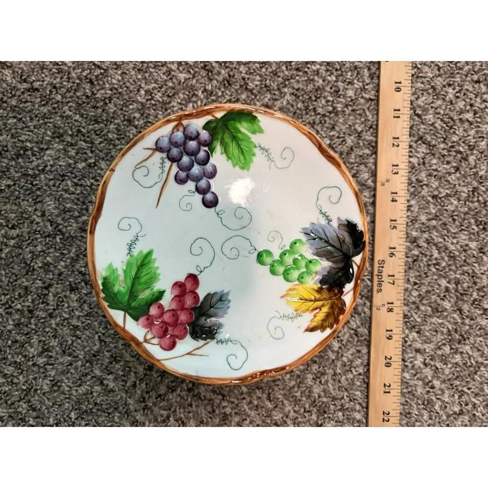Vtg. Lefton Handpainted grape and vine design pedestal 9